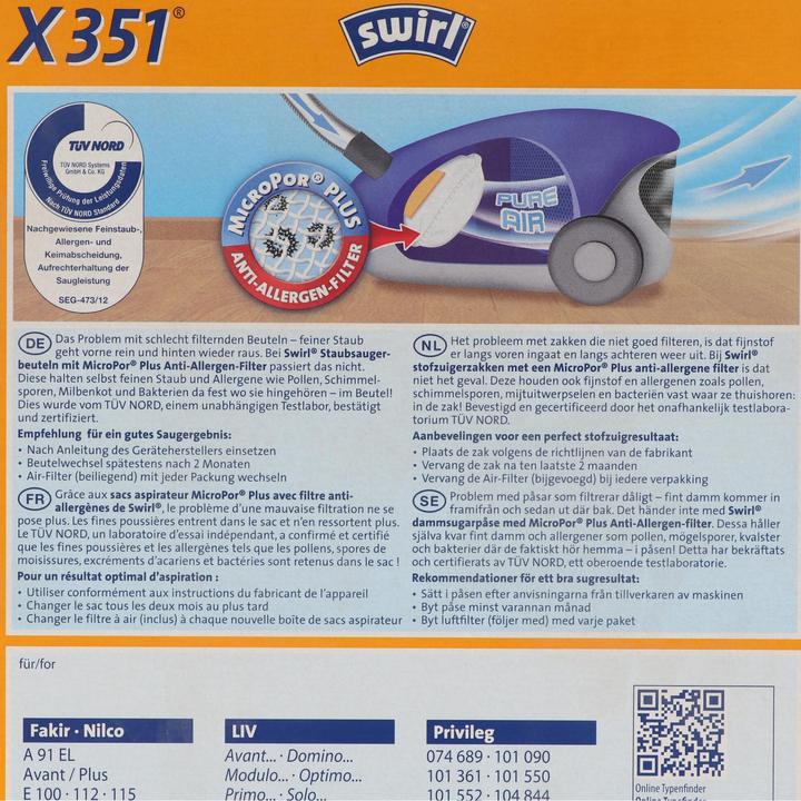 Actual product image Swirl Vacuum Cleaner Bag X351 (X350) MicroPor Plus for Hoover and LIV Vacuum Cleaners