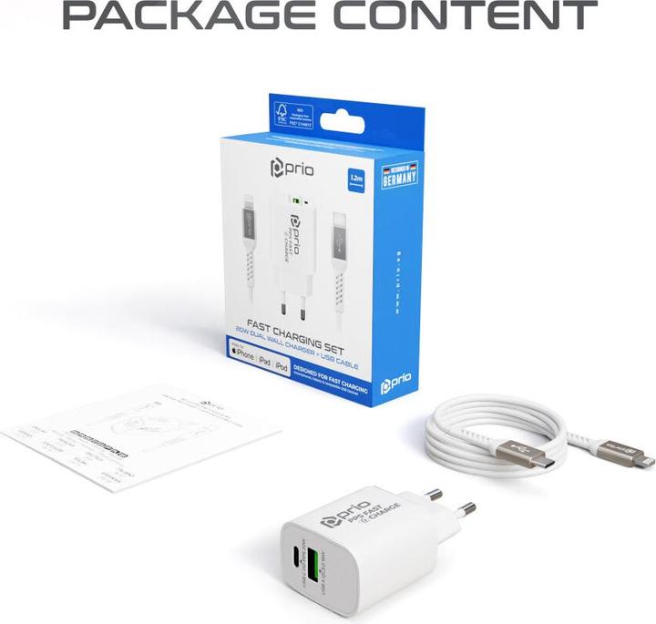 Immagine prodotto prio Set Mfi (caricatore da parete doppio da 20W + cavo Lightning) bianco (15 W)