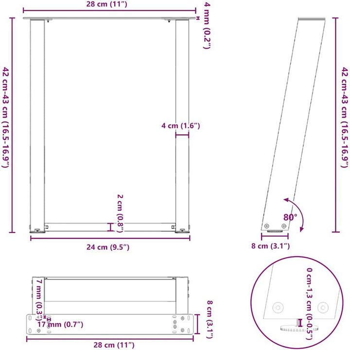 Produktbild VidaXL Couchtischbeine U-Form 2 Stk. Weiss 28x(42-43) cm Stahl Tischbein