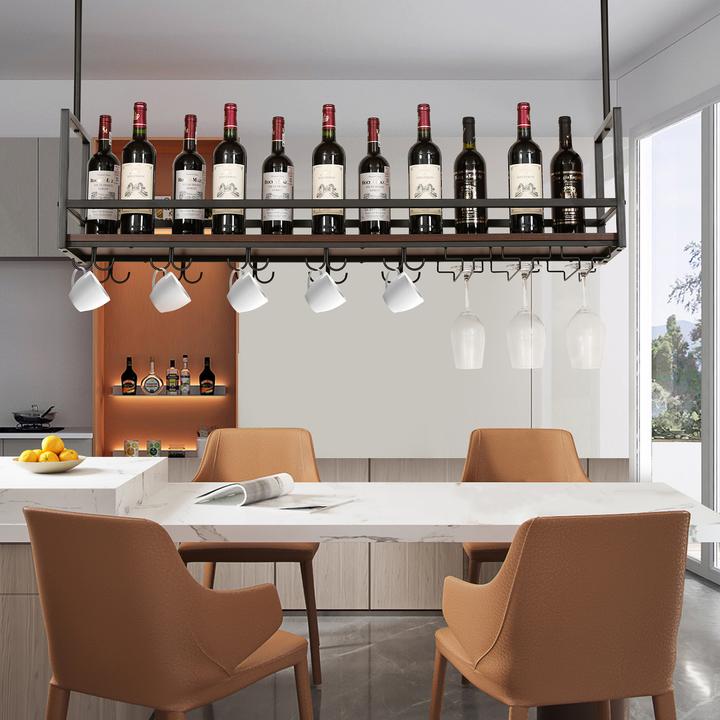 Actual product image En.Casa Weinregal mit Glashalterung Borejle 120x30x65 cm Schwarz/Walnussoptik