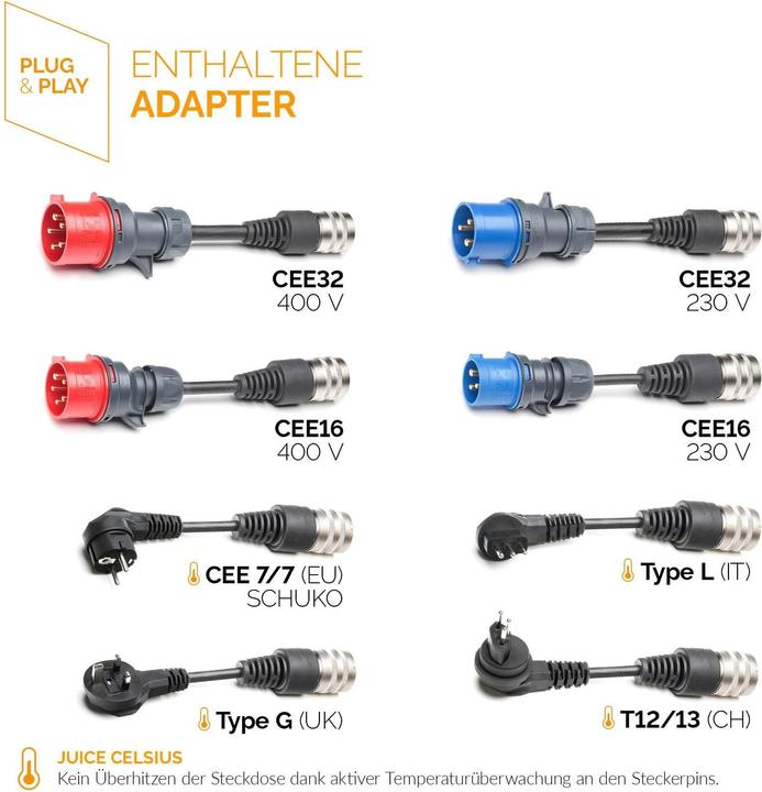 Immagine prodotto Juice Technology Set da viaggio Juice Booster 2 UE (Tipo 2, 22 kW, 32 A, CEE16 rosso, CEE32 rosso, CEE16 blu, BS 1363, CEI 23, CEE 7/7, Tipo 13, CEE32 blu)
