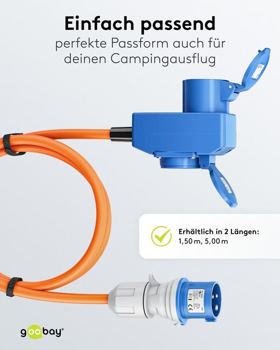 Produktbild Goobay CEE-Adapterleitung, CEE-Stecker auf 90° CEE-Kupplung und Schutzkontakt-Kupplung, 1,5 m (1.50 m, CEE)