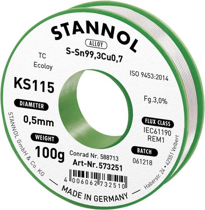 Actual product image Stannol KS115 Solder, lead-free Coil Sn99.3Cu0.7 ROM1 100 g 0.5 mm (Soldering Coil Kit)