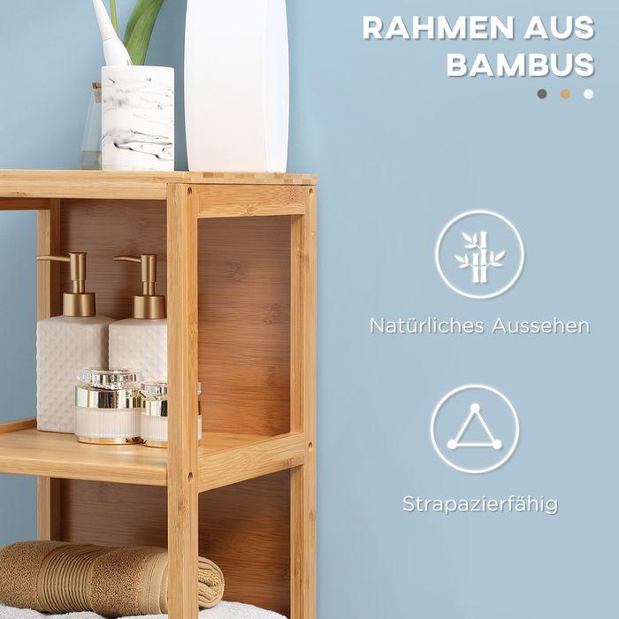 Produktbild Swisshandel24 Badezimmerschrank Bambus, 3 Regale, 2 Schubladen, Kippschutz (30 x 30 x 140 cm)