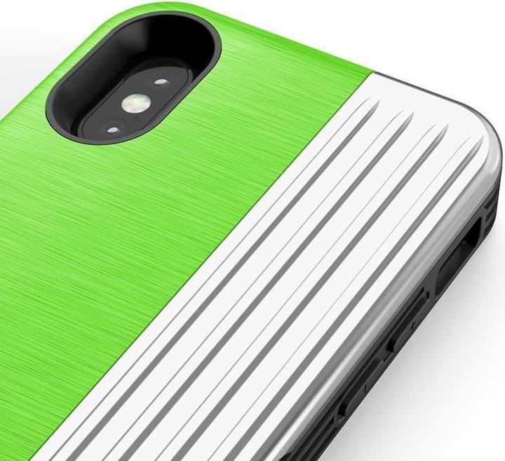 Actual product image Zizo Retro Series – iPhone Xs/X-Hülle mit Kartenfach + Ständer + 9H-Glasscheibe (Neongrün/Silber) (Apple iPhone XS)