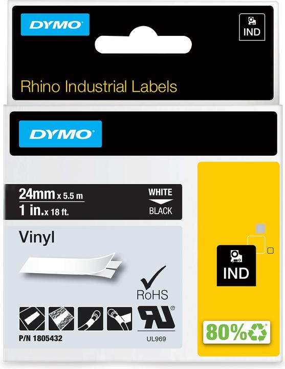 Produktbild Dymo Rhino 24mm weiß auf schwarz Vinyl (2.40 cm, Schwarz)