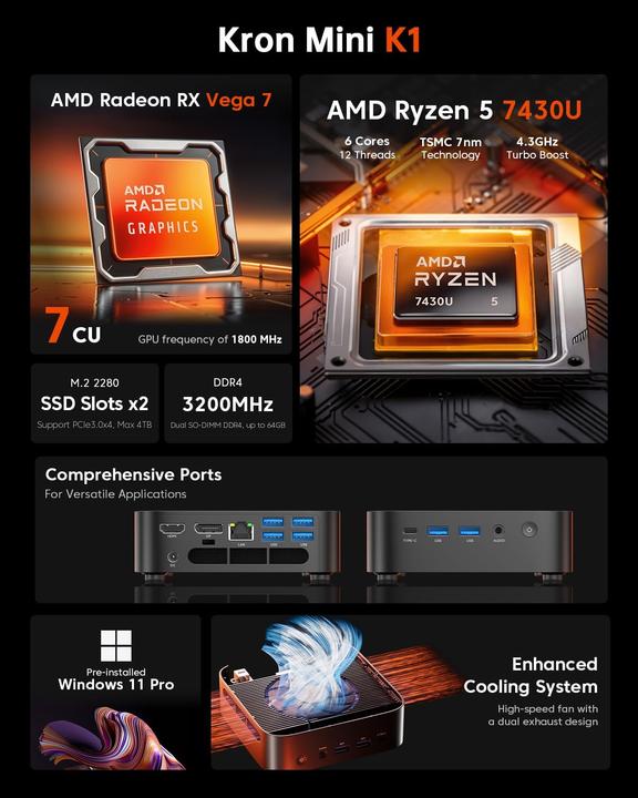 Image du produit AceMagic Mini PC mit Ryzen 5, Windows 11 Pro, 4K Display (AMD Ryzen 5 7430U, 32 Go)