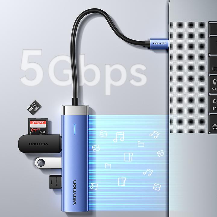 Actual product image Vention USB-C to HDMI/USB 3.0 x 3/PD Docking Station 0.15M Blue Aluminum Alloy Type (USB-C)