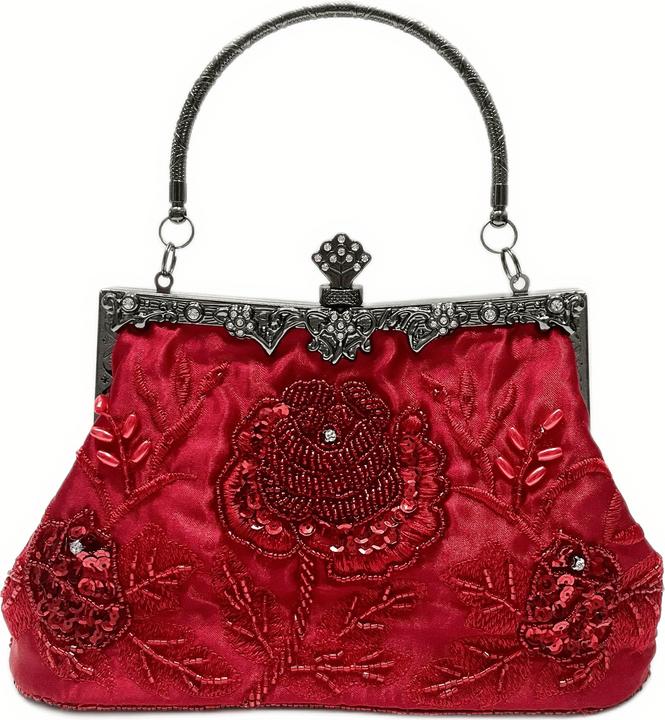Only-Bags.Store Perlen Blumenstickerei Abendtasche, Vintage Satin Hochzeit Handtaschen, Pailletten Clutch Clip