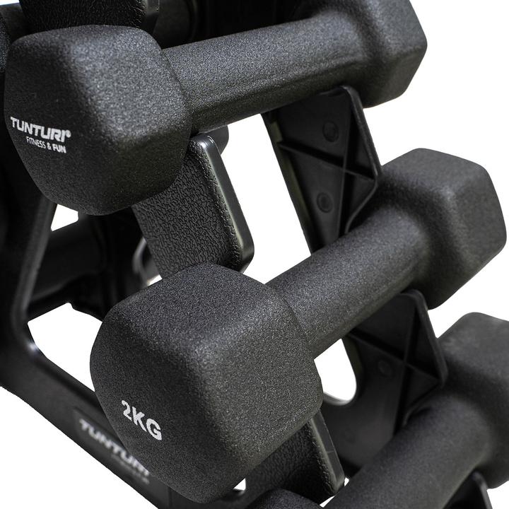 Actual product image Tunturi Neopren Kurzhantelset mit Ständer (2 x 1 kg, 2 x 2 kg, 2 x 3 kg)