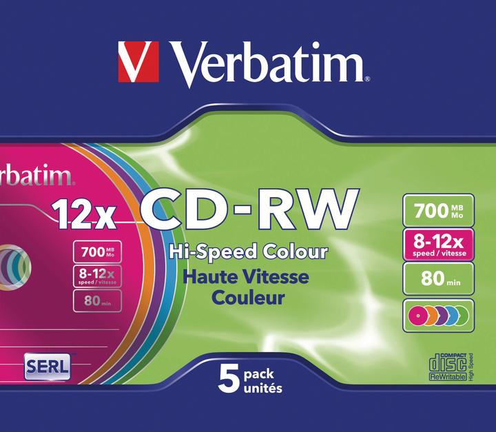 Image du produit Verbatim CD-RW, 12x, 700MB, paquet de 5, couleur (5 x)