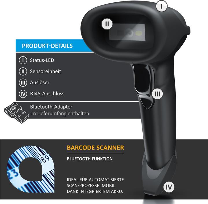 Produktbild Aplic Bluetooth Barcode Scanner 2D 1D, 2,4 GHz Wireless Handscanner, Barcodescanner kabellos mit Standfuss (1D-Barcodes, 2D-Barcodes)