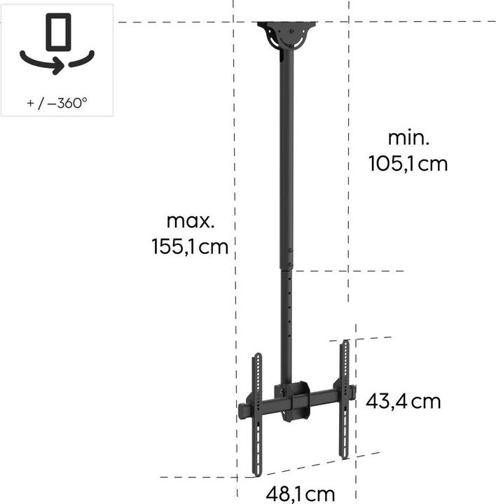 Produktbild Hama TV-Deckenhalterung, schwenkbar, neigbar, 165 cm (65") bis 50 kg (Decke, 65", 50 kg)