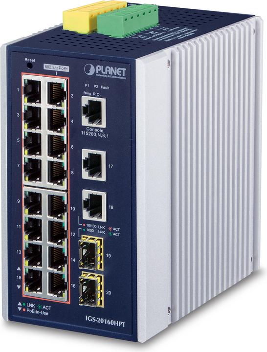 Immagine prodotto Planet Switch industriale a 16 porte 10/100/1000T PoE 2 porte Gigabit Uplink + 2 porte Gigabit SFP Uplink (16 Porti)
