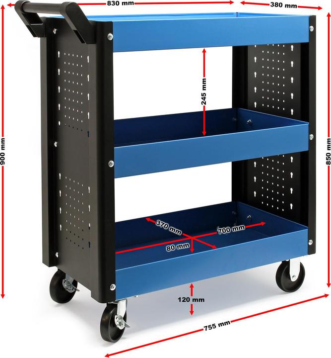 Image du produit Wiltec Servante d‘atelier 3 Niveaux Poignée Roues plastique Frein Étagère Rangement Bord surélevé Chariot (3 x)