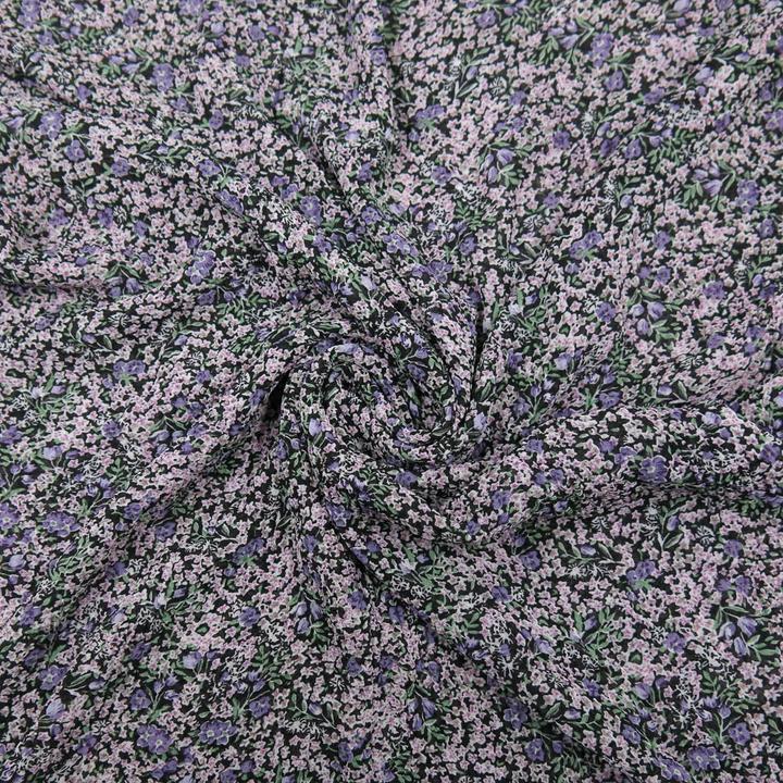 Produktbild Stoffrestposten Plissee Chiffon - Violette Streublümchen auf Schwarz