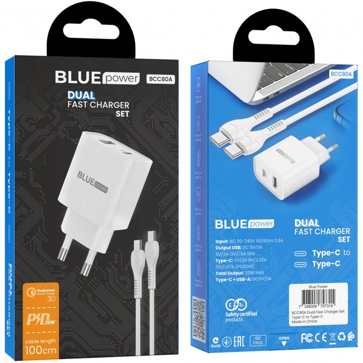 Actual product image Blue Power BCC80A Rapido, PD QC3 20W with USB-C cable (20 W)