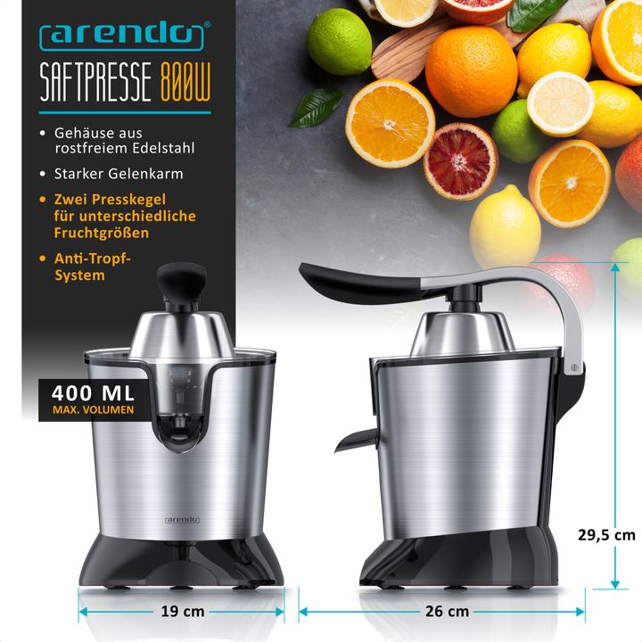 Actual product image Arendo Edelstahl Zitronenpresse, Orangenpresse Limettenpresse Entsafter, 0,4L Behälter, 2 Presskegel, 800W