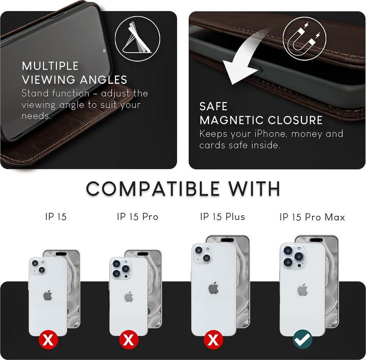 Produktbild Nalia Echt Leder Flip Case Hülle mit Magnetverschluss (Apple iPhone 15 Pro Max)