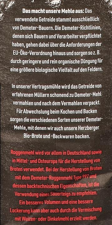 Nährwerte und Zutaten Herzberger demeter Mehl, Roggen Typ 997 (1000 g)