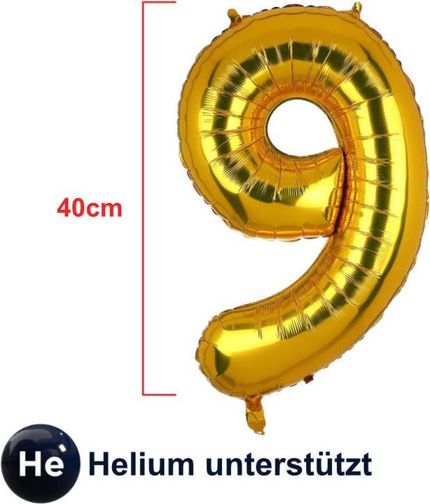 Produktbild Hermex Zahlenballon Zahl 9 Golden Folienballon Luftballon Heliumballon 40cm