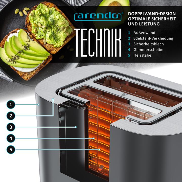 Produktbild Arendo Toaster Edelstahl 2 Scheiben Kurzschlitz, Restzeit & Bräunungsgradanzeige, Touch Display, 800 W (EU-Stecker)