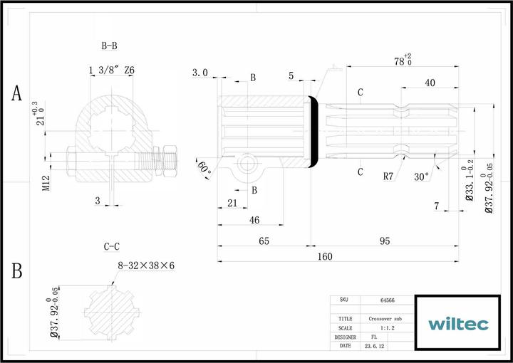 Produktbild Wiltec Zapfwelle 160mm Buchse Keilwellenaufnahme 1 3/8" Z6 für Ausgangswelle 8-32x38x6 (Gartenmaschinen Ersatzteile)