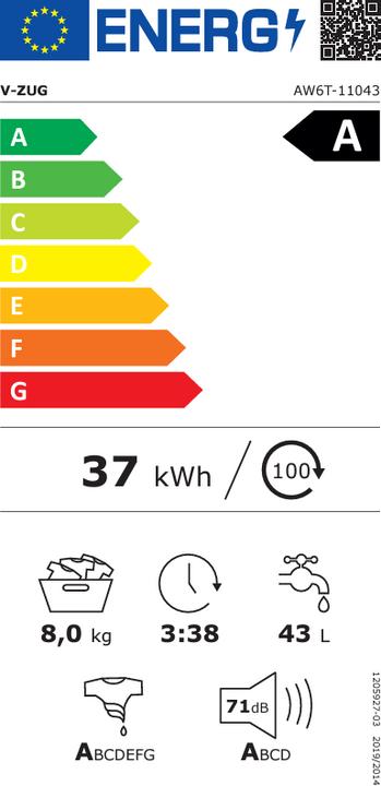 Energie-Label V-Zug AdoraWaschen V6000 (8 kg, Links, CH-Stecker)