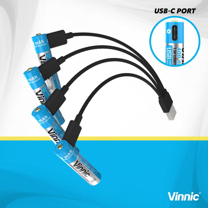 Image du produit Vinnic Rechargeable Battery AA USB-C 400mAh 4pcs incl. Case&Charging Cable (4 pcs, AAA, 400 mAh)