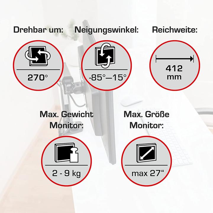 Actual product image Vantage Monitor arm single Gas 75x100 -9kg 27" black (Table, 27")