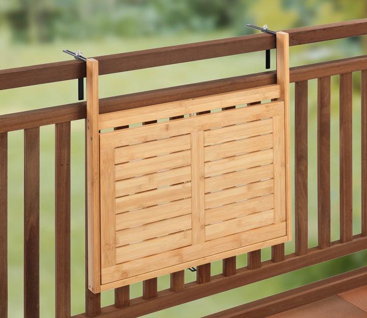 Actual product image Wenko Bamboo balcony folding table Mod. Waikiki for hanging on balcony railings (64 cm)