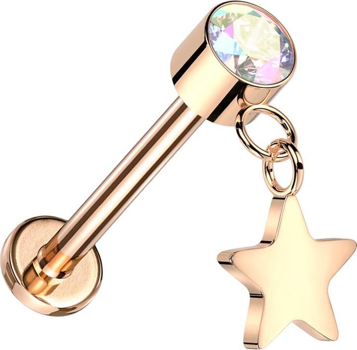Star Piercing Micro Threadless Labret rosegold Zylinder rosegold Kristall multicolor Anhänger Stern rosegold (Titan G23, ohne Messing)