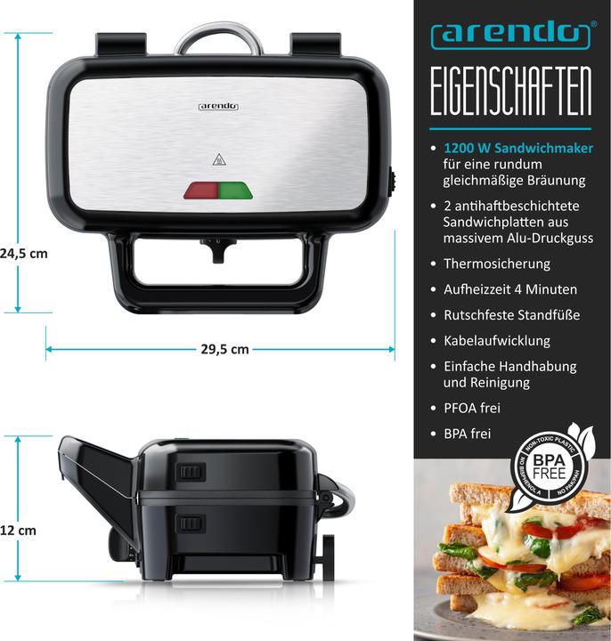 Actual product image Arendo Sandwich maker 1200 W, non-stick coating, sandwich toaster for large toasts with removable plates