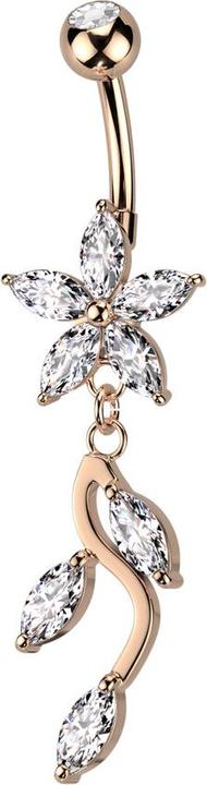 Image du produit Star Piercing Banane rose doré avec boule et fleur cristal argenté Pendentif vigne cristaux argentés (Acier chirurgical 316L, Laiton)