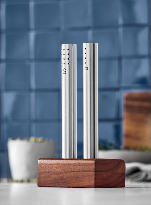 Actual product image WMF Salt shaker and pepper shaker set 3-piece Cromargan stainless steel matt finish with wooden stand (Salt, Pepper)