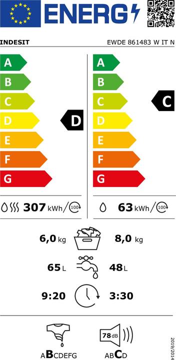 Energie-Label Indesit BDE 861483X WK IT N Waschtrockner Freistehend Frontlader Weiss D (EU-Stecker)
