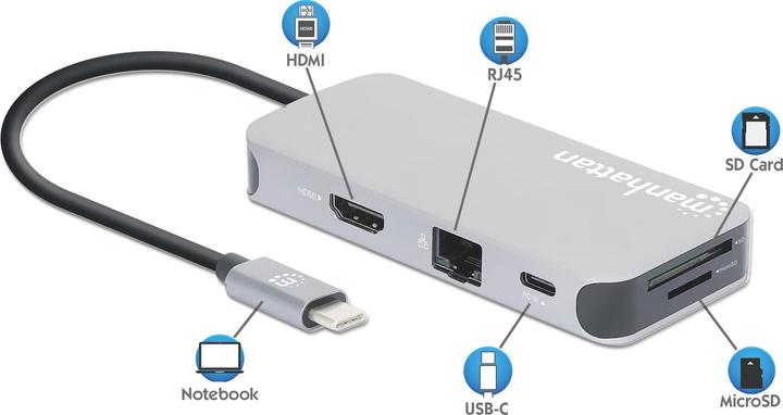Actual product image Manhattan USB-C 8-in-1 Docking Station with Power Delivery (USB-C, 1 Ports)