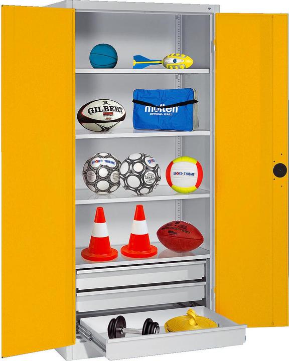 C+P Sportgeräteschrank mit Schubladen (HxBxT: 195x120x50 cm, mit Vollblech-Flügeltüren, Typ 4)