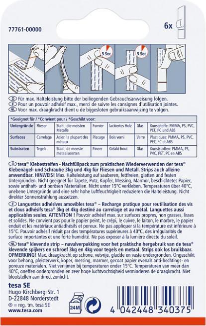 Image du produit tesa Powerstrips pour le carrelage et le métal, capacité de fixation de 3 kg, 6 bandes adhésives double