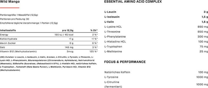 Valeurs nutritives et ingrédients Vast Total Amino Energy+ - EAAS et caféine naturelle - végétalien - 375 g (Mangue sauvage, 1 pcs, 375 g)