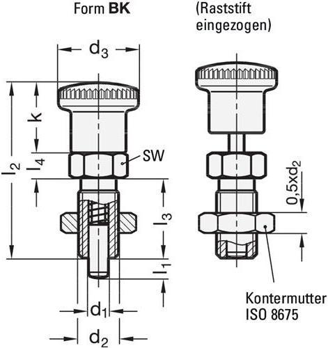 Actual product image Ganter Indexing plunger GN 817 d1 8 mm d2 M 16 x 1.5 mm l1 12 mm steel, without indexing lock, with lock (Door knob)