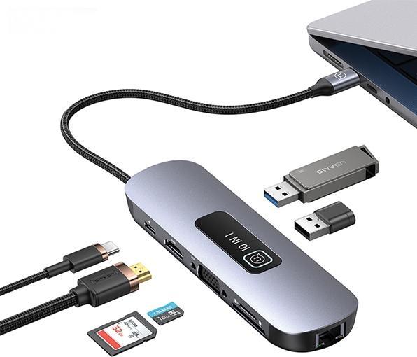 Produktbild Usams US-SJ644 PD100W 10in1 Multifunctional Type-C HUB with Light(Type-C To HDMI+USB3.0*2+USB2.0*2+VGA+TF (USB-C, 10 Ports)