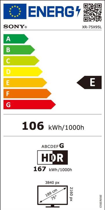 Energie-Label Sony XR-75X95L (75", X95L, Mini-LED, 4K, 2023)