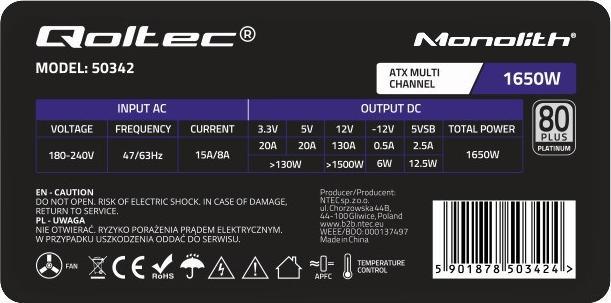 Actual product image Qoltec Wydajny Zasilacz ATX 1650W | 80 Plus Platinum (1650 W)