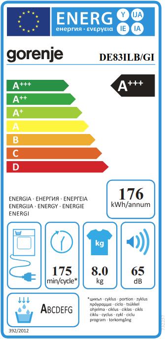 Energy Label Gorenje Tumble dryer DE 83 ILB/ GI (8 kg, Right)