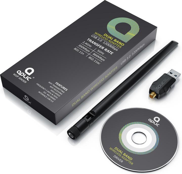 Immagine prodotto Aplic Chiavetta WLAN, adattatore WIFI 1200MBit/s, 2.4Ghz + 5Ghz dual band, antenna esterna 5 dBi, dongle (USB-C 3.2 Gen 1)