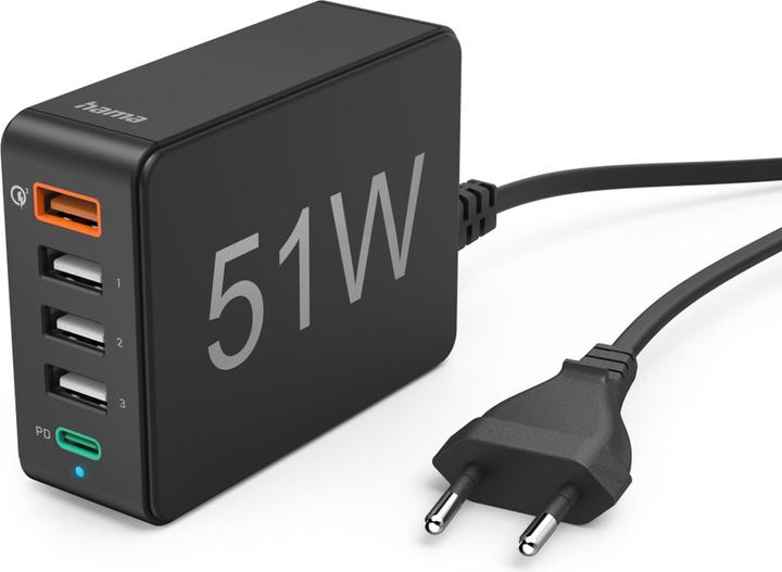 Hama Snellader 5 poorten, 1x QC 3.0, 3x USB-A, 1x USB-C PD, 51 W, Zwart (51 W)