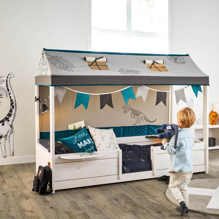 Produktbild Lifetime Kidsrooms 4 in 1 Bettkombination mit Stoffdach Dino und Rueckwand mit deluxe Lattenrost