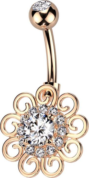 Image du produit Star Piercing Banane rose doré avec boule de cristal rose doré argenté et cristaux fleur argenté (Laiton, Acier chirurgical 316L)