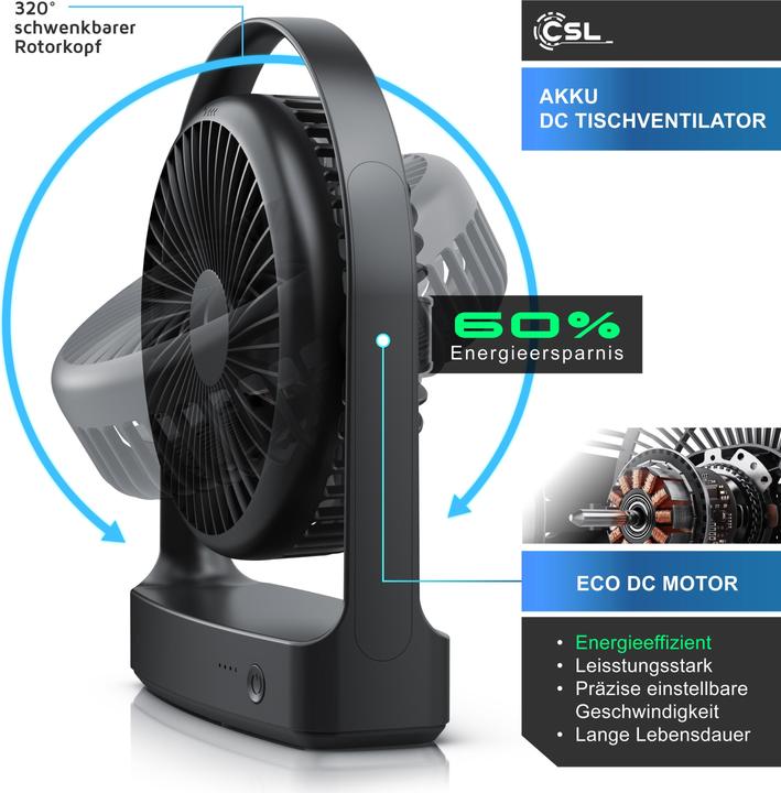 Actual product image CSL Akku Tischventilator, sehr leise, USB Mini Desk Fan, Schreibtischventilator, mobiler Lüfter DC Motor (46.40 dB)